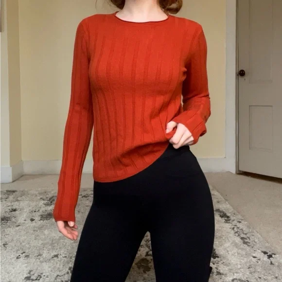 Everlane Vibrant Orange Red Ribbed Sweater Wool Comfy Stretchy NWOT Cute - Picture 7 of 14
